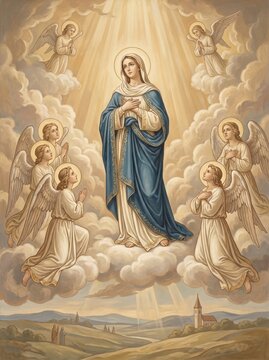 Classical Christian illustration of the Assumption of the Virgin Mary standing on heavenly clouds with praying angels, golden divine light and a small church landscape below, representing Marian devot