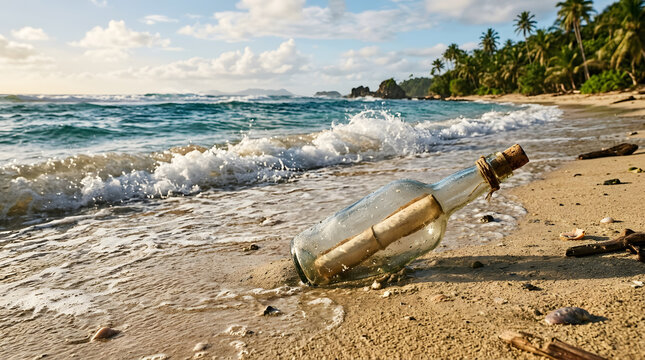 Message in a bottle on a tropical beach washed ashore by ocean waves symbolizing hope and adventure