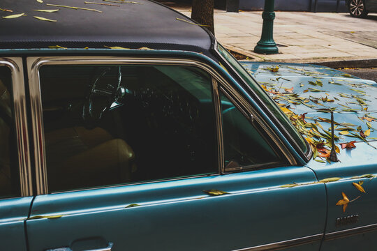 A detailed side view of a classic car showing the steering wheel, "Classic" badging, and a scattering of fallen leaves on the cowl.