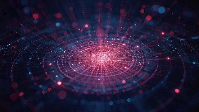 Radiant digital data hub glowing with concentric network rings and radial nodes in futuristic glow