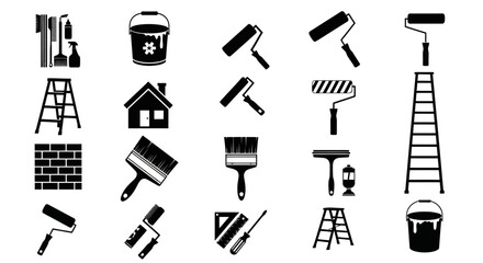 Painting tools, icons, black, vector, 20 elements, construction, renovation, DIY, paintbrushes, rollers, ladders © Seth