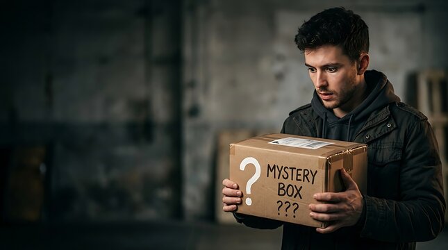 Curious Man Holding Mystery Box Before Opening It