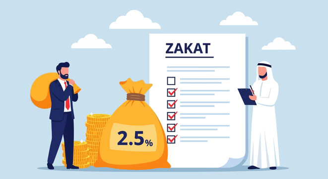 Islamic finance, zakat concept, charity illustration, financial obligation, muslim donation