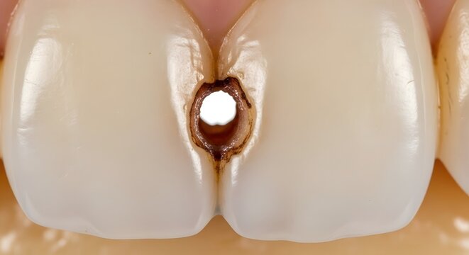 Educational Dental Illustration Showing the Progression From Plaque Accumulation to Advanced Tooth Cavity Formation