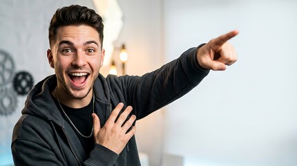 Naklejka premium Excited Man Pointing at Amazing Discovery With Huge Smile