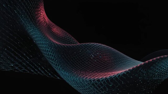 Abstract flowing mesh wave teal and pink highlights black ribbon glowing pattern creating