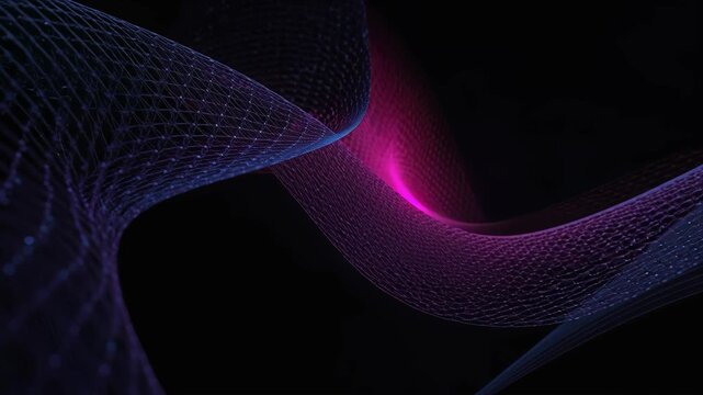 Abstract neon mesh ribbon flowing purple and blue gradient glow creating dynamic depth