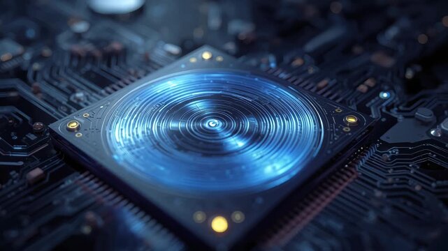 Glowing circular processor circuit motherboard microchip blue technology concentric chip neural