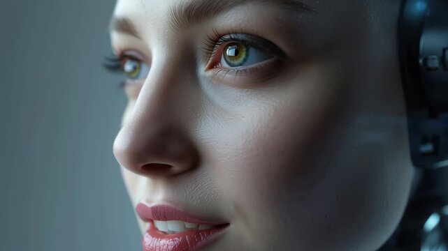 Futuristic android female portrait close up face with realistic skin expressive eyes soft emotion