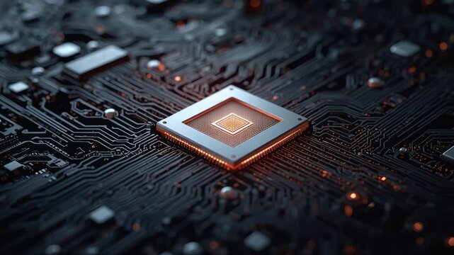 Glowing central microchip circuit board with intricate traces semiconductor processor motherboard