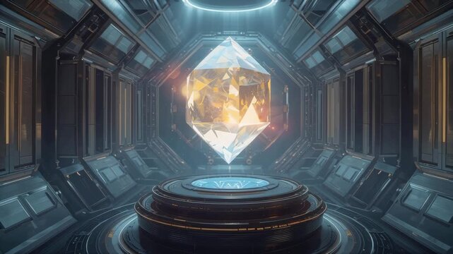 Futuristic crystal suspended above circular platform in sleek sci fi chamber glowing mysteriously
