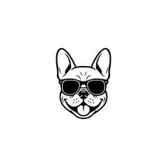 Fototapeta premium A cool black and white vector line art illustration of a smiling French bulldog head wearing dark sunglasses isolated on white background