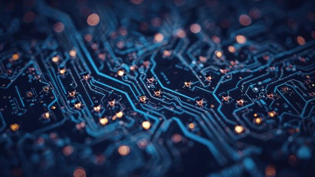 Blue circuit board closeup glowing copper contacts intricate traces shallow depth of field