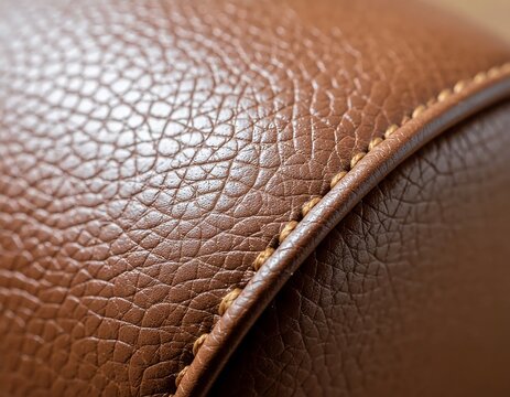 Macro Close Up of Brown Leather Texture with Stitching Detail.