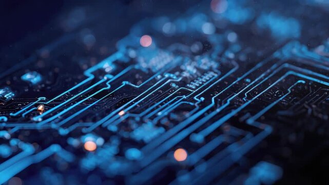 Blue circuit board closeup with glowing traces and electronics pathway conveying futuristic depth