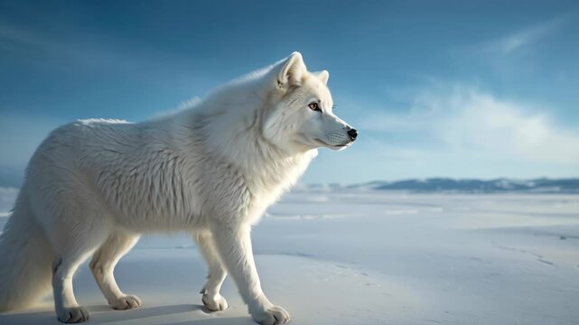 Arctic fox walking across snowy tundra sunrise soft blue sky, serene animal winter snow tundra fox