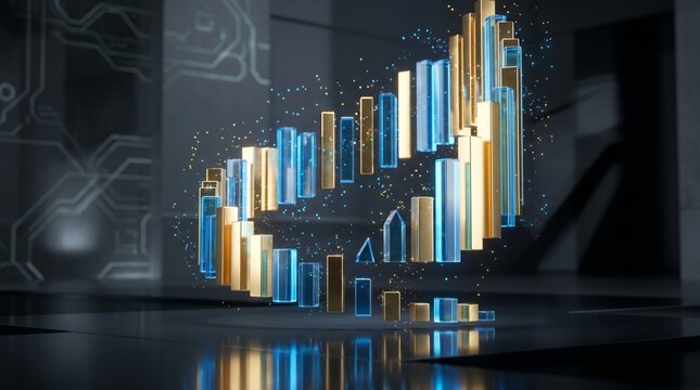 Floating data bars showing exponential corporate growth