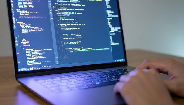 Software developer typing code on a laptop screen with syntax highlighting.