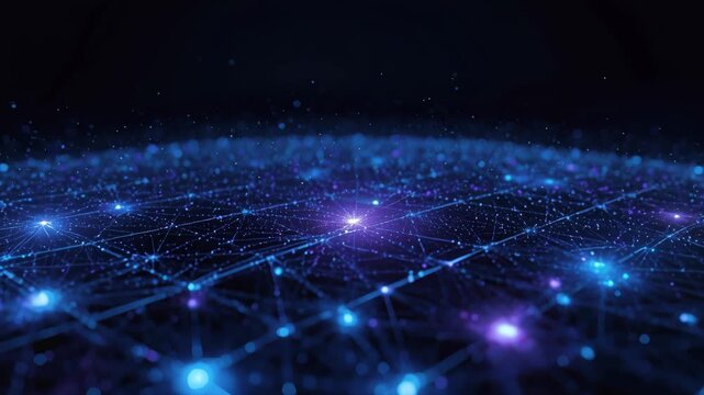 Neon blue network grid with glowing light nodes, digital connection lines and glowing energy depth