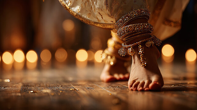 Closeup of a dancers feet adorned with traditional golden anklets and bells, performing on a wooden floor