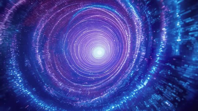 Galaxy tunnel glowing purple vortex spiral with blue light glow and sparkling particles creating