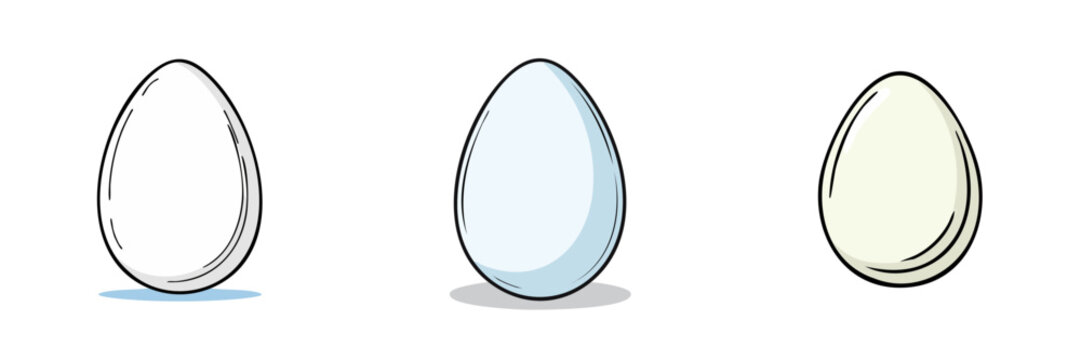 Set of three stylized oval eggs in different colors and shading styles