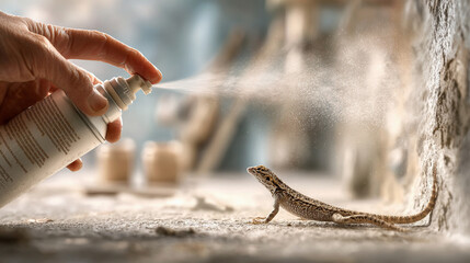Fototapeta premium A person spraying water mist on a small lizard on a textured surface