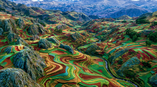 Aerial view of colorful agricultural terraces in mountain valley
