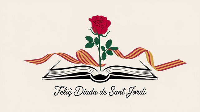 feli&ccedil; diada de sant jordi saint george day greeting illustration banner with open book and red rose