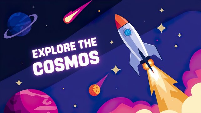explore the cosmos vector illustration banner with spaceship rocket blasting off in deep outer space
