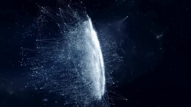 Abstract digital network plexus sphere rotating in dark space