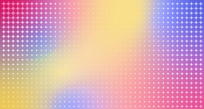 Vibrant Y2K pattern with halftone stars and gradient dots. Retro geometric background featuring sparkles, rainbow colors, and psychedelic textures for modern party designs.