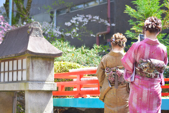 Rear View of a Woman Wearing Kimono at Okazaki Shrine in Kyoto, Japan