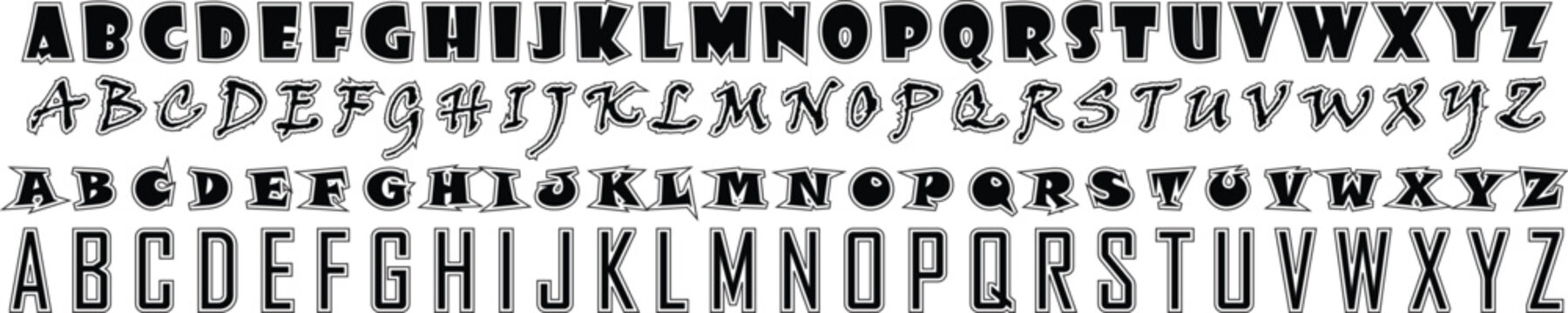 Vintage serif alphabet sampler in black ink. Uppercase typography reference sheet with distressed letters. Classic retro font display artwork design.