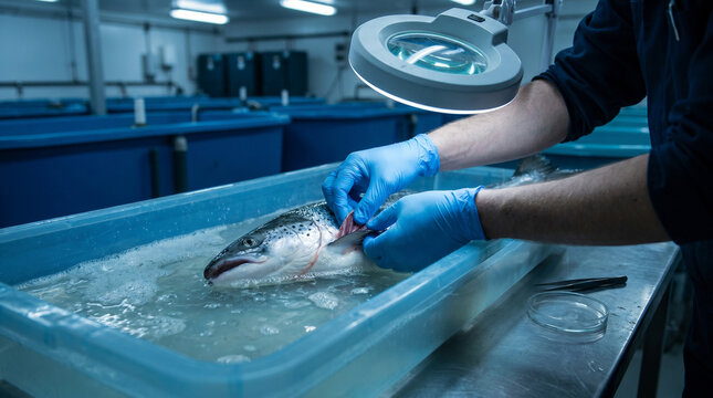Marine biologist examining salmon fish in aquaculture laboratory