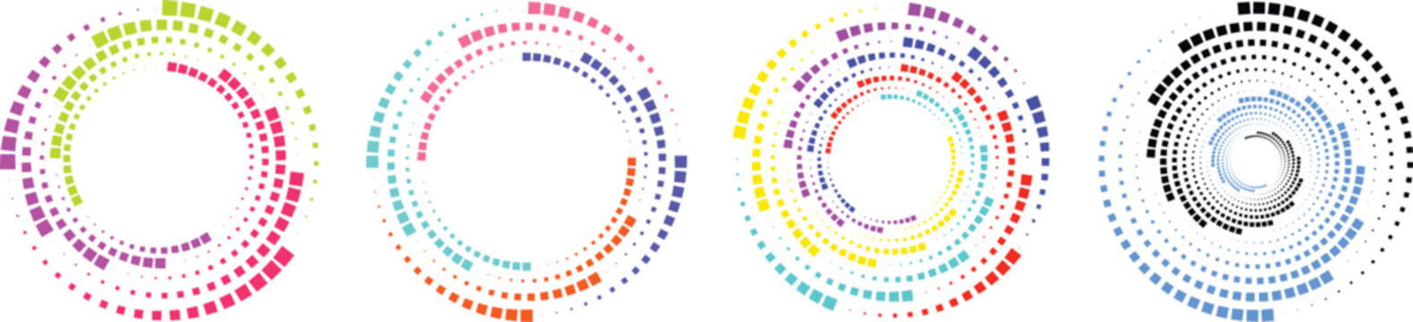 Colorful circular infographic elements collection featuring modern radial diagrams, segmented rings and geometric data visualization templates for branding.