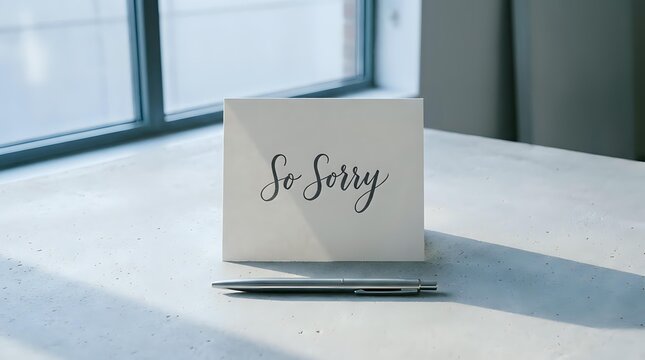 Elegant sympathy card with So Sorry script lettering on a concrete surface beside a silver pen, soft natural light background.