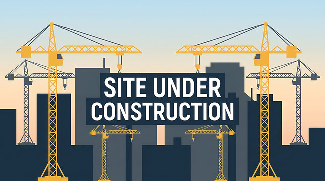 Site under construction banner featuring yellow industrial tower cranes against a stylized urban skyline background with minimalist flat vector design elements for web maintenance pages
