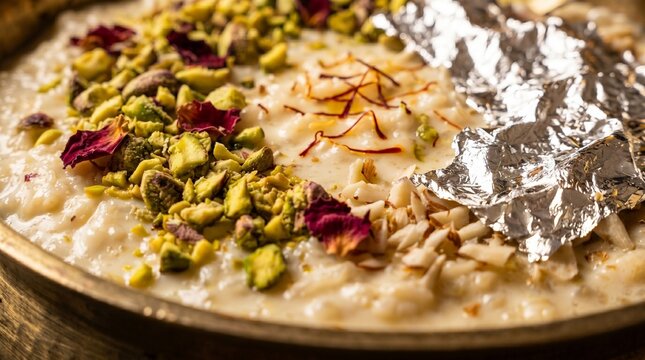 Traditional Kheer Rice Pudding with Pistachios Saffron Rose
