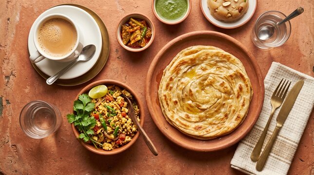 Meal with Lachha Paratha Curry Chutney and Pickle Top View