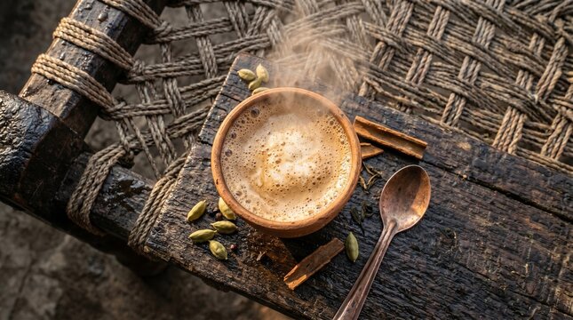 Hot Masala Chai Tea with Cardamom Cinnamon Sticks and Steam