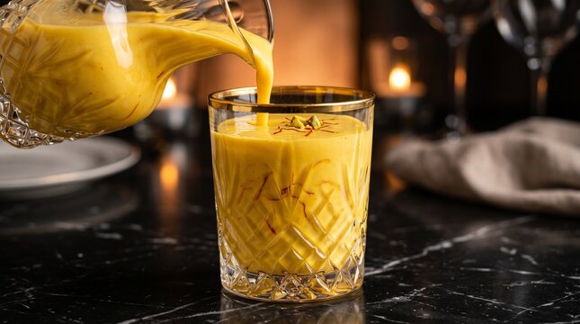 Saffron Badam Milk Pouring Into Glass with Saffron Strands