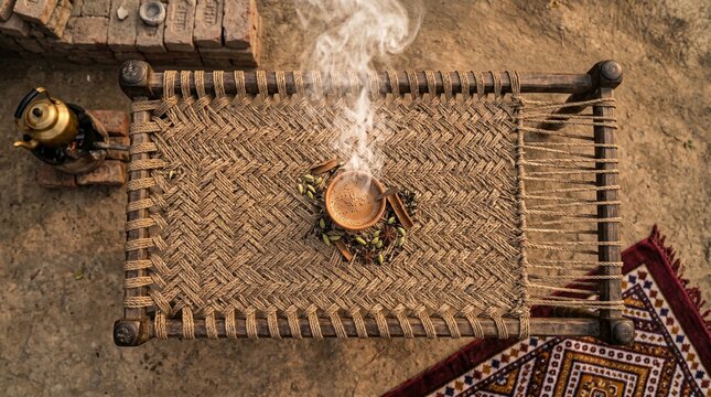 Top View Steaming Masala Chai in Clay Cup on Charpai with Spices