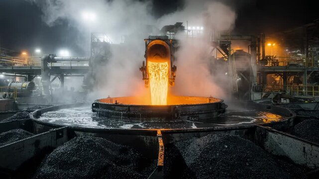 Medium shot of nonferrous slag granulation system at night showing steam rising as molten slag meets water creating fine black granules for safe disposal