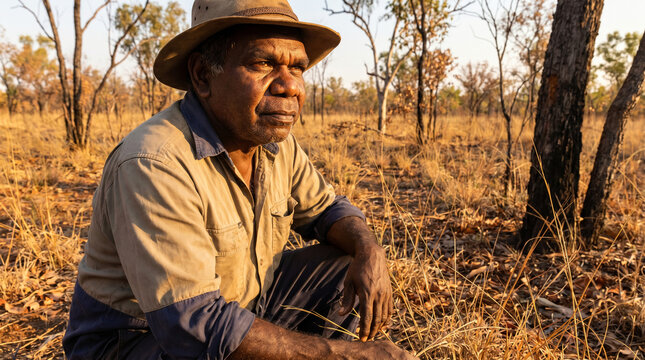 Indigenous Australian man crouching in dry outback landscape