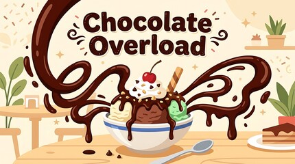 Fototapeta premium Flat illustration of hot fudge sauce drizzle, text “Chocolate Overload”