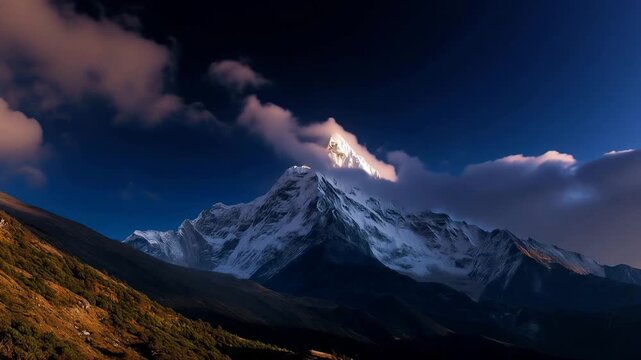 Panoramic view of Ama Dablam and surrounding snow-capped peaks in Nepal, bathed in the soft glow of light just after sunset, showcasing the majesty of the Himalayas