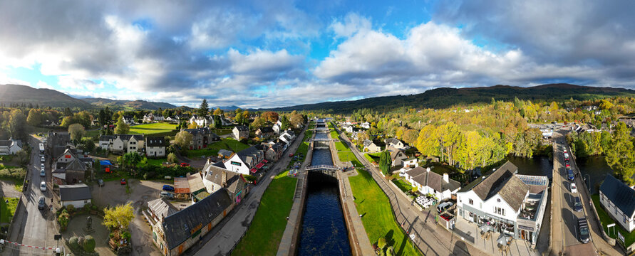 180&deg; Panorama Aerial Drone Shot at Lock Chambers at Fort Augustus in the Parish of Boleskine and Abertarff, South‑West End of Loch Ness