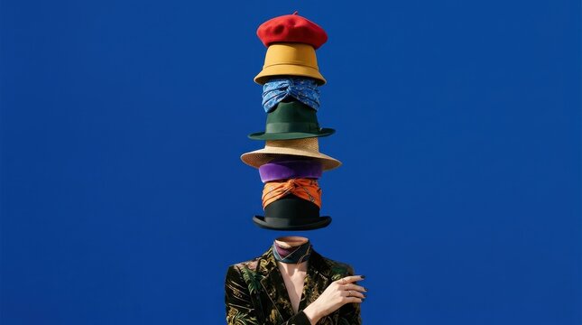 Surreal person with a tall stack of colorful hats instead of a head, wearing a velvet patterned blazer against a solid bright blue background, conceptual fashion portrait