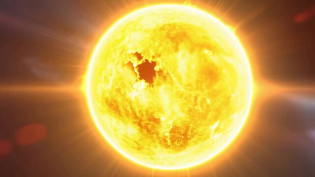 Glowing Sun in space, detailed star surface, bright solar flare, cosmic energy, astronomical science, universe, hot plasma, radiation, bright light, solar system, stellar background, sun surface